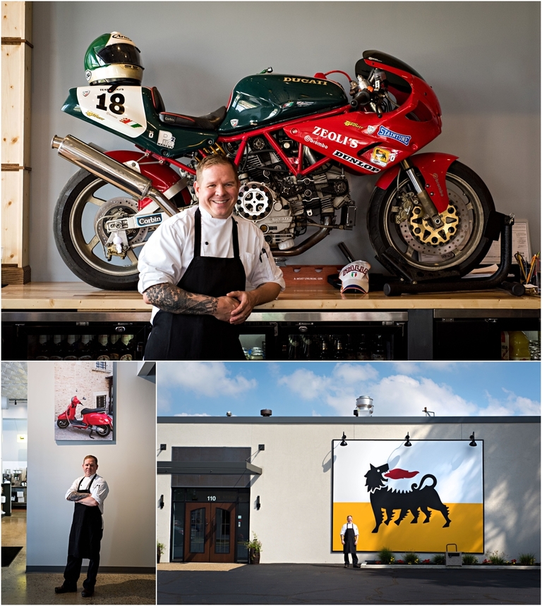 A chef in front of a motorcycle and his business