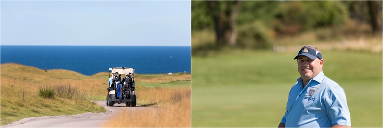 a happy man with lake michigan views during golf