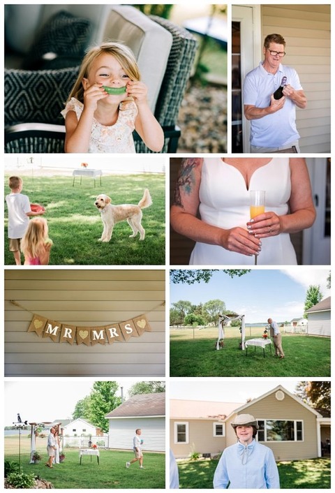 a collage of a micro wedding with kids, champagne, dogs, and signage