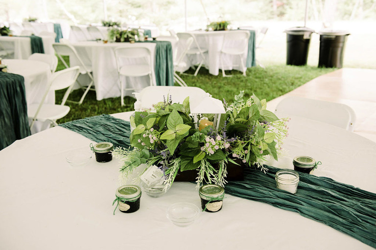 green and white table centerpiece at a elopement party at Ausable Riverview Resort