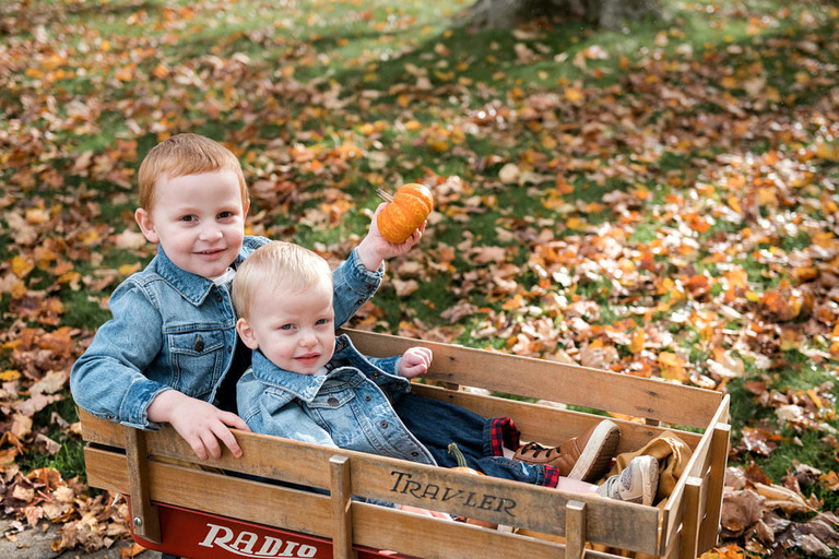 two little boys in jean jackets inside a radio flyer wagon