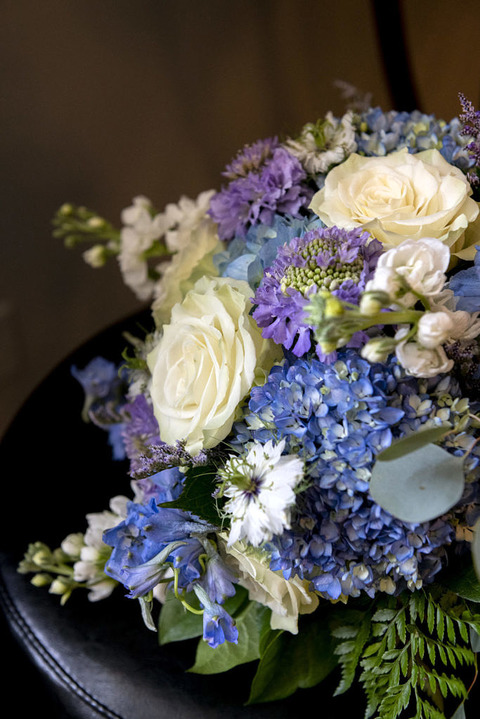 bridal bouquet with blue hydrangeas from simply exquisite by the bay