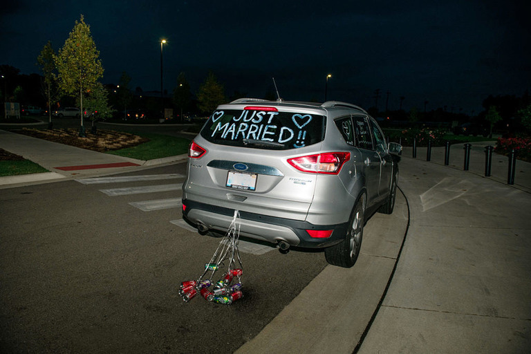 Just married car decorated for the couple's exit