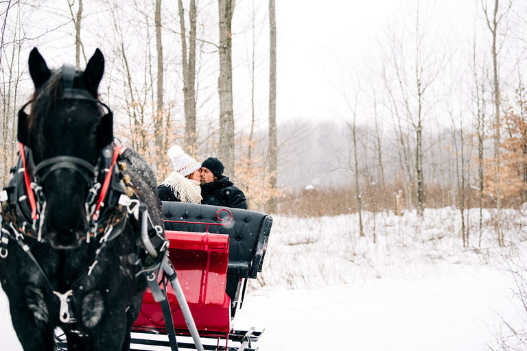 a newly engaged couple kiss on the sleigh at fantail farm