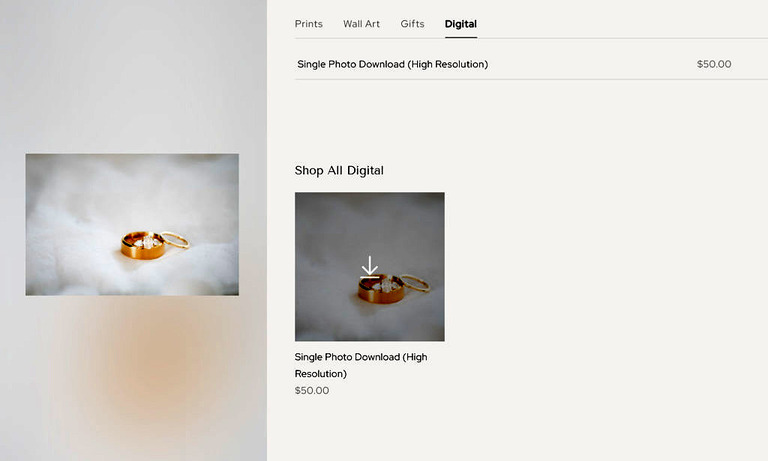 a photo of wedding rings and the product page for digital file purchases.