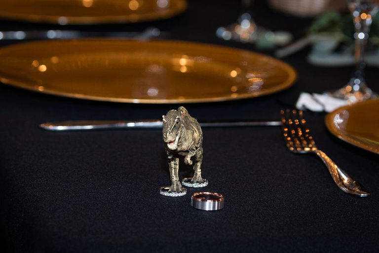 a-t-rex-toy-with-diamond-rings- at-a-wedding
