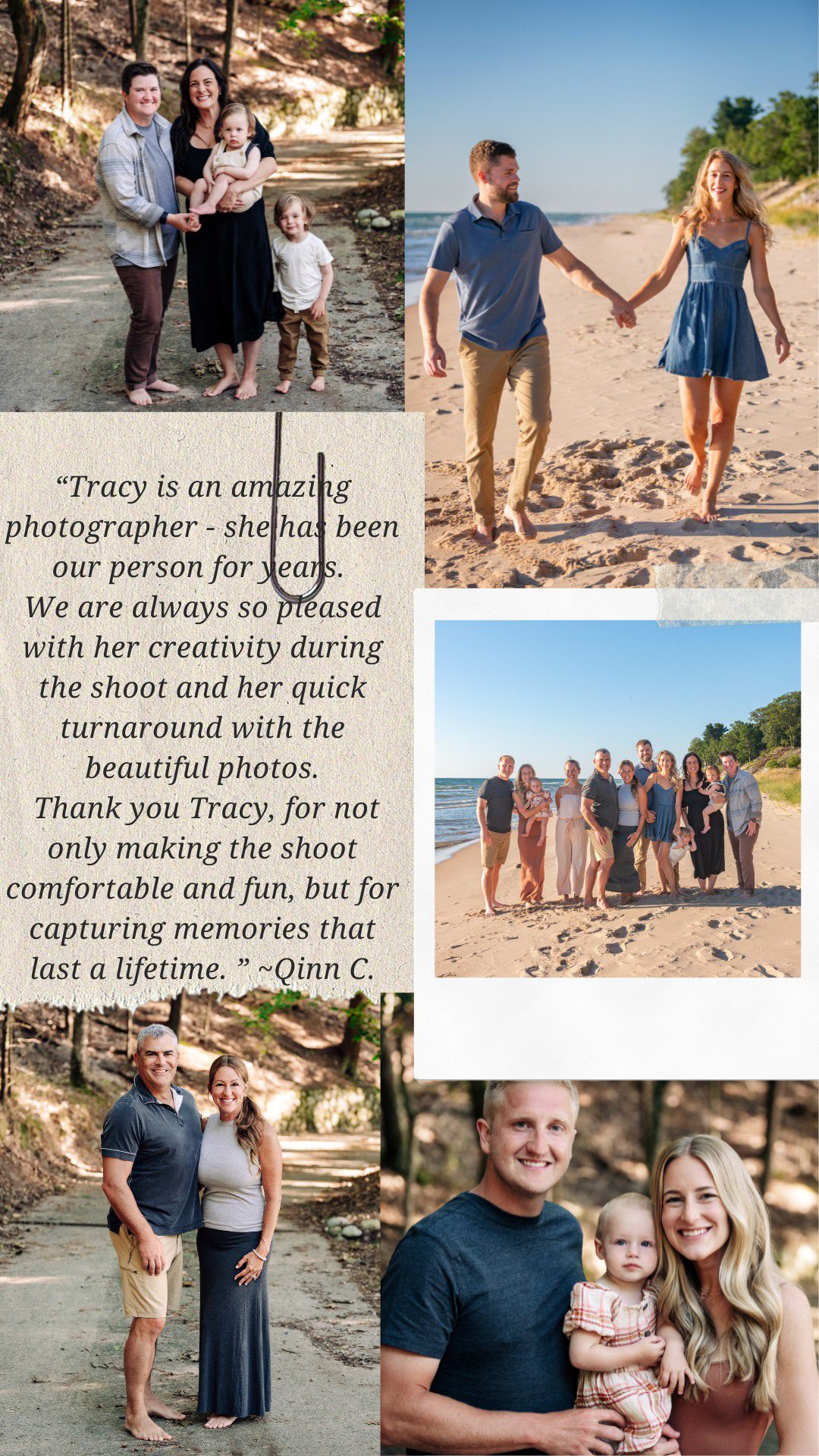 a family poses for photos both on the beach and in the woods.